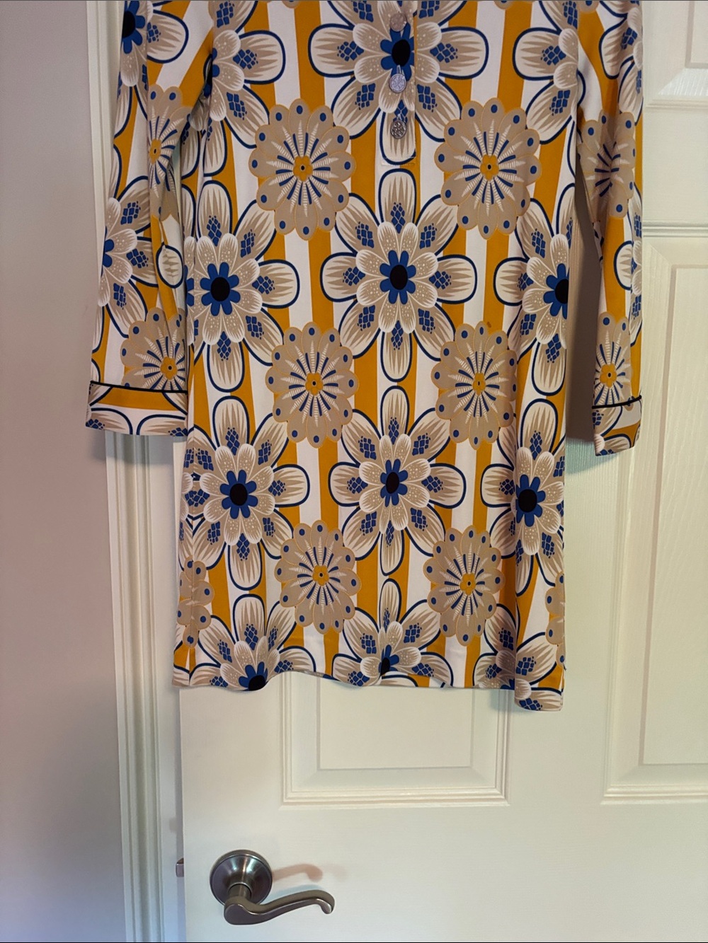 Tory Burch Yellow Floral Shift Tunic with Blue and Cream Accents